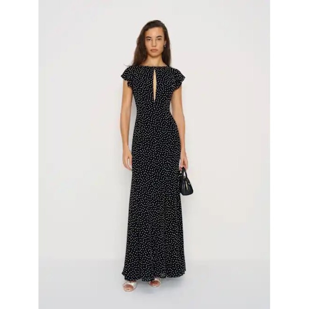 Reformation Jessamine Dress Womens 4 Black Polka Dot Maxi Selene Ruffle Keyhole